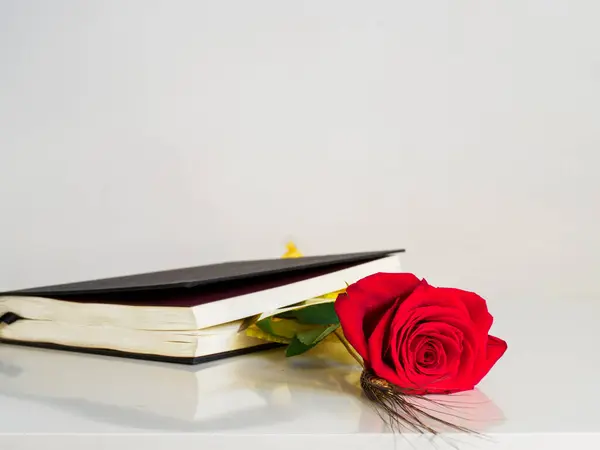Old book with red rose, traditional gift on St. George\'s day . It is the Catalan version of Valentine\'s Day, which is celebrated on April 23. Copy space.