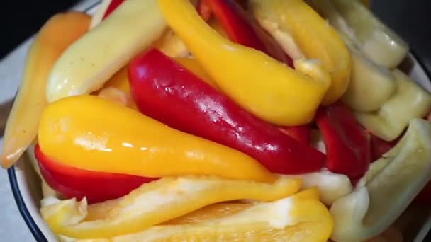 Female Cook Cooks Large Sweet Pepper Stirs Wooden Spatula Cooking — Stock Video