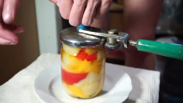 Close Jar Pepper Canning Sweet Bell Pepper Home — Stock Video