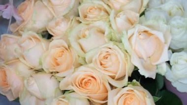 Birkaç buket gül, yakın plan. Yukarıdan bak. Kamera soldan sağa hareket ediyor..