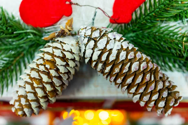 Φυσικά Χριστουγεννιάτικα Στολίδια Κοντινοί Κώνοι Χριστουγεννιάτικων Δέντρων — Φωτογραφία Αρχείου