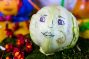 Yeşil, taze lahana. Sonbaharın hediyeleri. Lahanaya bir kız yüzü çizilmiş. Sonbahar festivali.