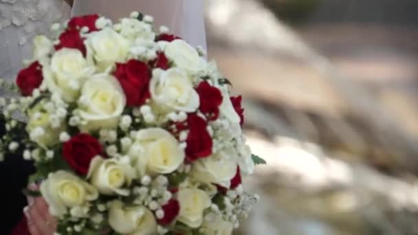 花嫁の手に赤と白のバラの花束を飾る 噴水の背景にある花束 — ストック動画