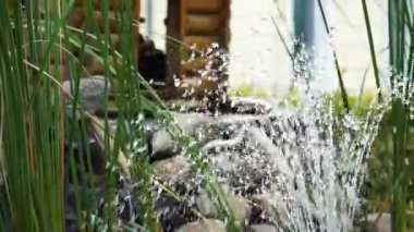 Çeşme yakın plan ve dekoratif ahşap ev. Kamera aşağıdan yukarıya seyahat eder.