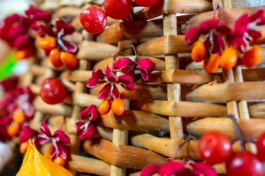 Kırmızı viburnum böğürtlen ve portakallı karabuğday üzümleri sepete yakın çekim