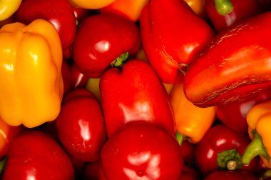 Farklı renklerde taze dolmalık biberlerden oluşan parlak renkli bir karışım..