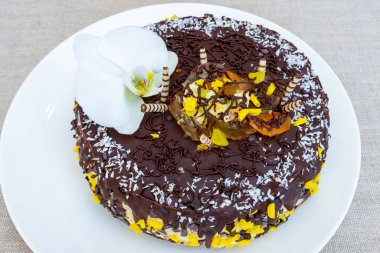 Bu lezzetli çikolatalı pasta güzel bir şekilde parçalanmış hindistan cevizi, renkli süslemeler ve yenilebilir bir çiçek ile süslenmiş. Bu da onu özel günler ve kutlamalar için mükemmel kılıyor..