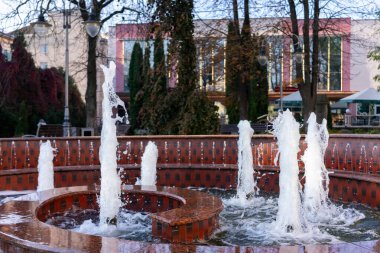 Canlı çeşme dairesel bir havzada birden fazla su akıntısının yukarı doğru fışkırdığını gösteriyor. Çevredeki ağaçlar gölge oluşturuyor ve arka planda bir bina görülebiliyor.