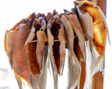 Birkaç parça kurutulmuş balık, parlak, güneşli bir sahil bölgesindeki ahşap bir askıya dikkatlice asılır. Kurutma işlemi balığın dokusunu ve renklerini vurgular..