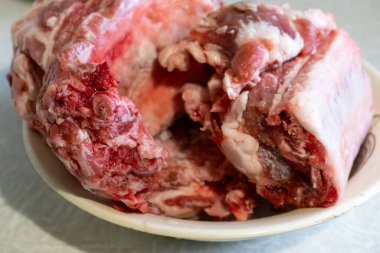 Pişmemiş et parçaları bir kasenin içinde, ham dokular ve renkler sergileniyor. Yemek hazırlama ya da yemek pişirme deneylerine hazır bir mutfağa işaret ediyor..