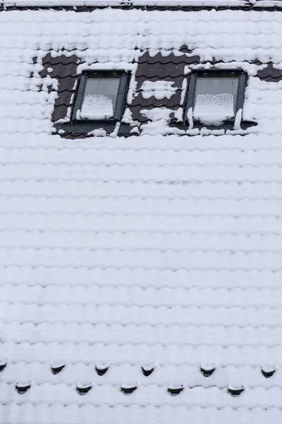 Kar, iki küçük pencereli bir çatıyı örterek, huzurlu bir kış ortamı yaratır. Beyaz tanecikler çevredeki sakinliği arttırır..