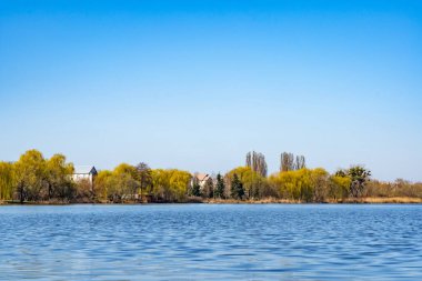 Sakin bir göl, parlak mavi gökyüzünün altında yemyeşil ağaçlar ve büyüleyici evlerle çevrilidir. Sakin su, doğanın güzelliğini yansıtır. Rahatlamak için mükemmel bir sahne yaratır..