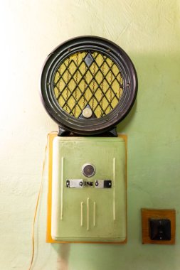 Duvara örülmüş, ızgarası olan klasik bir hoparlör, rahat ve hafif aydınlatılmış bir odada sergileniyor. Hoparlör soluk yeşil bir duvar paneline bağlı, retro estetiği güçlendiriyor..