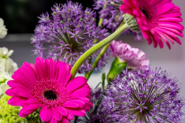 Canlı bir buket pembe gerbera papatyalarını mor italyumlar ve beyaz çiçeklerle birlikte vuruyor. Çiçekler zarif bir şekilde düzenlenmiş, canlı renklerini ve çeşitli şekillerini sergiliyorlar..