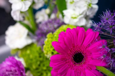 Yakın plan bir görüntüde pembe gerbera papatyaları, beyaz çiçekler ve yeşil aksanlar da dahil olmak üzere göz alıcı bir bahar gösterisi yaratan çarpıcı bir çiçek dizisi yer alıyor..