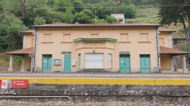 スペイン ルーゴのサン エステバン 2022年6月9日 9月22日 レンフェ社の機関車が牽引する貨物列車が駅ビル前を通過し 雨の日は停車しない — ストック動画