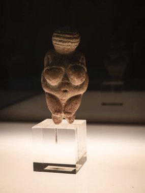 Willendorf Venüsü 'nün (Paleolitik Venüs) kireç taşı (oolite) ve kırmızı mermer şeklinde yontulmuş çıplak bir kadın figürü, şeffaf bir prizma ve arka plandaki yansıması üzerinde sergilenmektedir.