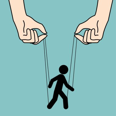 Businessman as puppet controlled by big hand puppeteer.