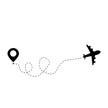 Airplane line path icon of air plane flight route. Airplane travel concept, symbol on isolated background. 