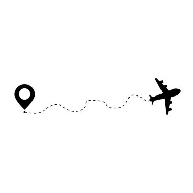 Airplane line path icon of air plane flight route. Airplane travel concept, symbol on isolated background. 