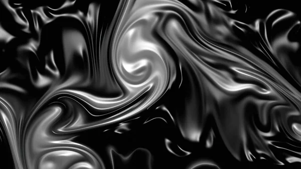 Abstract black and white fractal background with flowing waves of glossy fluid substance - petroleum, liquid metal, oil painting or silk fabric texture. Digital art illustration from my 3D rendering.