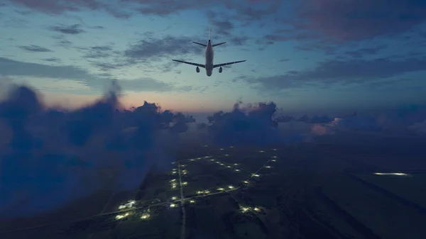 Achteraanzicht Van Brandloze Passagiersvliegtuig Vliegen Bewolkt Avonds Ochtends Hemel Boven Rechtenvrije Stockafbeeldingen