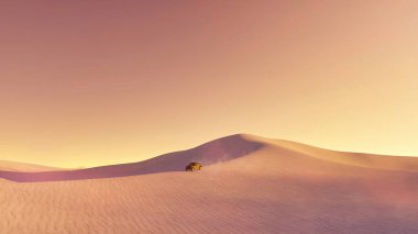 Çöl manzarası, gün batımında ya da gün doğumunda bulutsuz gökyüzünün altında kum tepecikleri üzerinde giden tek bir arazi aracı. 3D görüntüleme dosyamdan basit minimalist doğal arkaplan 3D illüstrasyon.