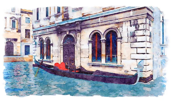 威尼斯运河上风景秀丽的古建筑附近停放着传统威尼斯空旷贡多拉的水彩画 没有人浪漫的城市景观 数字绘画从我的3D渲染 — 图库照片