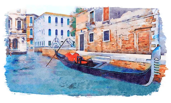 威尼斯运河上威尼斯空旷贡多拉的水彩画 背景是古代建筑和古老的石桥 没有人的城市景观 数字绘画从我的3D渲染 — 图库照片