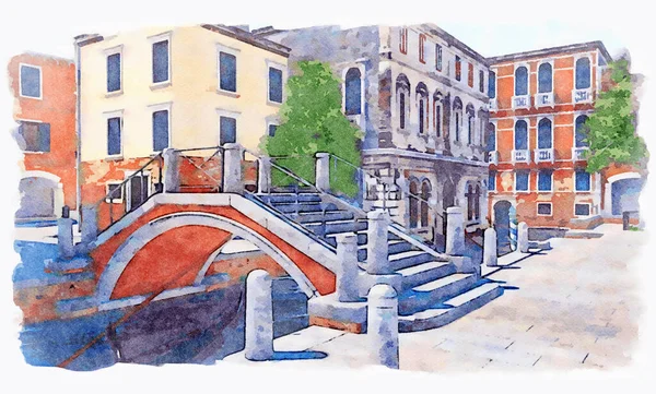 威尼斯狭窄水渠上的旧石桥水彩画 背景是古代威尼斯建筑 没有人浪漫的城市景观 数字绘画从我的3D渲染 — 图库照片
