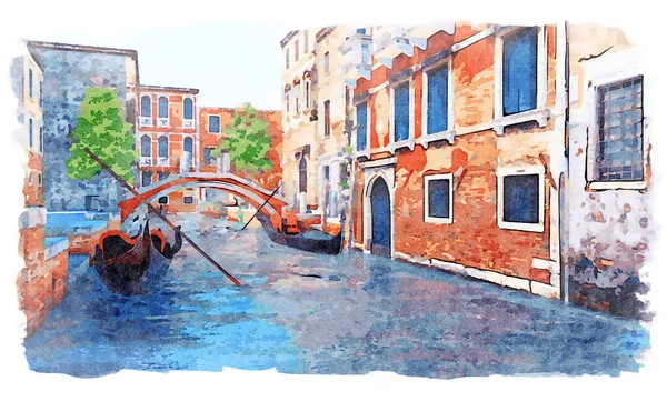 Watercolor sketch of ancient venetian buildings along narrow water canal with moored empty gondolas and old stone bridge in Venice. With no people romantic cityscape - digital painting from my 3D rendering.