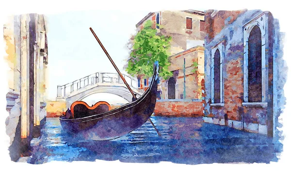 威尼斯运河上空旷的传统威尼斯贡多拉的水彩画 背景为古建筑和石桥 没有人的城市景观 数字绘画从我的3D渲染 — 图库照片