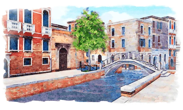 威尼斯空荡荡街道的水彩画 在狭窄的运河上有着古老的建筑和古老的石桥 没有人浪漫的城市景观 我自己3D渲染的数字绘画 — 图库照片