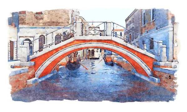 威尼斯狭窄水渠上的旧石桥水彩画 背景为古代建筑和威尼斯贡多拉 没有人的城市景观 数字绘画从我的3D渲染 — 图库照片