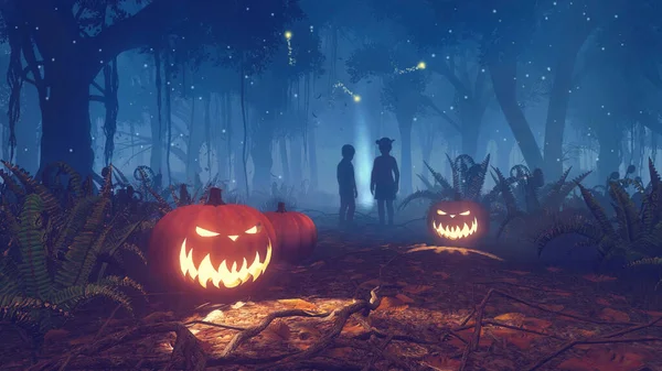 Lost children silhouettes on scary forest trail with lit Jack-o-lantern carved pumpkins on foreground and magical firefly lights in the distance at misty night. Fantasy 3D illustration for Halloween.