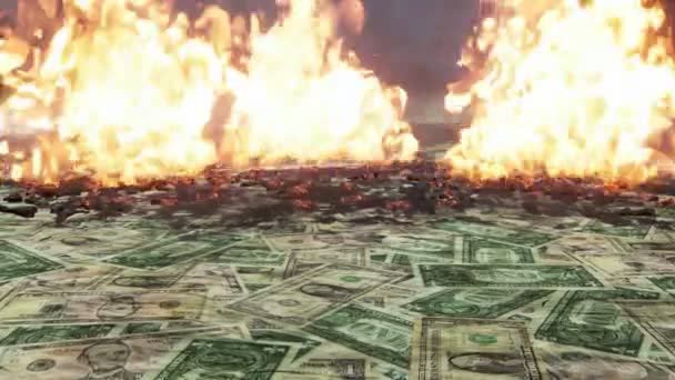 Abstraktní Obchodní Pozadí Hromadou Roztroušených Amerických Amerických Dolarových Bankovek Hořících — Stock video