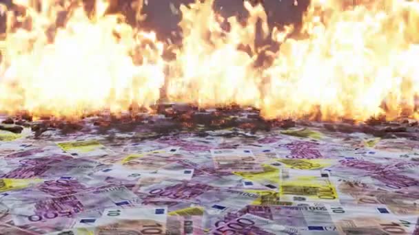 抽象的商业背景和一堆散落的欧元钞票着火了 遗失纸质货币 经济和金融危机低迷概念3D动画在4K中呈现 — 图库视频影像