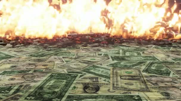 Abstracte Financiële Achtergrond Met Stapel Verspreide Amerikaanse Dollarbiljetten Brandend Brand — Stockvideo