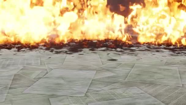 炎の中で燃える古い散乱紙のページや文書の山と要約ビジネスの背景 4Kでレンダリングされたクラッシュ 破壊の概念3Dアニメーション — ストック動画