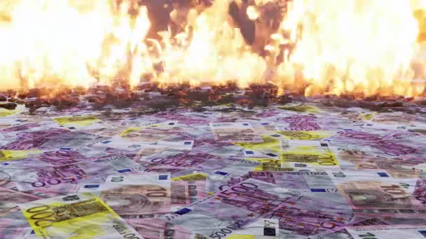 要約火災に燃える散乱ユーロ紙幣の山と財政的背景 紙のお金を失う 経済金融危機のコンセプトループ可能な3Dアニメーション4Kでレンダリング — ストック動画