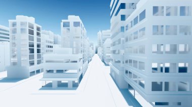 Şehir merkezindeki soyut modern şehrin boş caddesi gökdelenleri olan beyaz mimari ölçekli bir model gibi görünüyor. İnsanlar olmadan, araba konsepti olmadan 3D çizimimden 3D çizim.