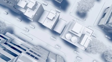 Şehir merkezindeki soyut modern şehrin üst görüntüsü gökdelenleri olan beyaz mimari ölçekli bir model olarak görünüyor. Şehir planlama konsepti 3D çizimimden 3B illüstrasyon.