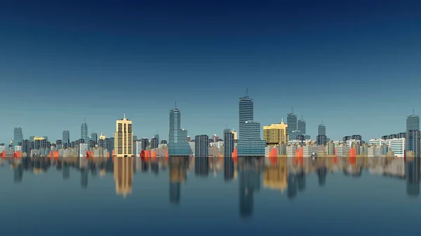 摘要现代高楼摩天大楼的城市景观 在海湾或湖泊平静的镜面上 在清澈的深蓝色天空下 映衬着复制空间 3D图像来自我的3D渲染 — 图库照片