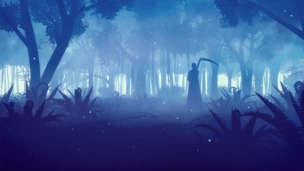 Pădurea Misterioasă Toamnă Siluetă Grim Reaper Lumini Magice Supranaturale Licurici — Videoclip de stoc