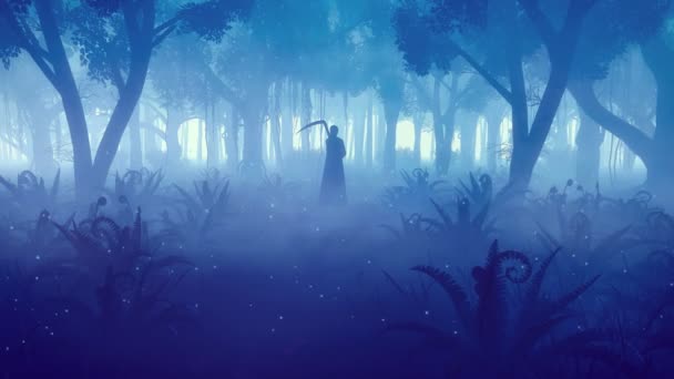 Τρομακτικό Φθινόπωρο Δάσος Grim Reaper Σιλουέτα Και Μαγικά Φώτα Πυγολαμπίδα — Αρχείο Βίντεο