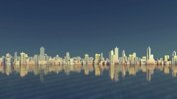 Абстрактный Центр Города Современными Высотными Зданиями Небоскребы Зеркальной Поверхности Воды — стоковое видео