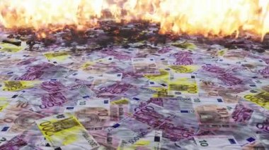 Kağıt banknot dokusu, dağınık avro banknotları alev alev yanıyor. Kaybedilen para, ekonomik ve mali kriz konsepti soyut 3D animasyon 4K