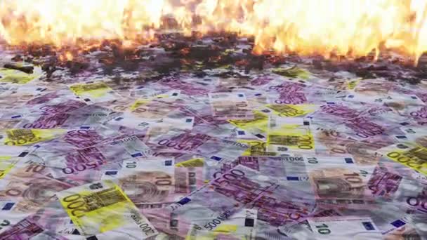 紙の銀行券火に燃える散乱ユーロ紙幣の質感の背景 4Kでレンダリングされたお金 金融危機の災害コンセプト抽象3Dアニメーションを失う — ストック動画
