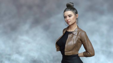 Half-length 3D portrait of attractive, slim and trendy caucasian young woman in tight black dress and leather jacket posing on grey background with copy space. 3D illustration from my own rendering.