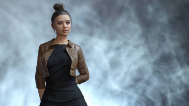 Half-length 3D portrait of beautiful, slim and trendy brunette young woman in tight black dress and leather jacket posing on grey background with copy space. 3D illustration from my own rendering.